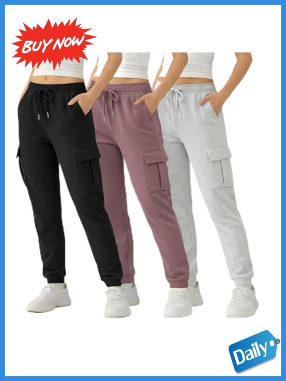 Fleece Cargo Joggers Womens 3 Pack 4 Pockets Tapered Sweatpants